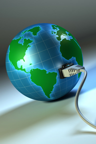 Graphic of world (globe) with internet cable plugged in