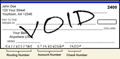Image of a voided check and pointers to routing and account numbers